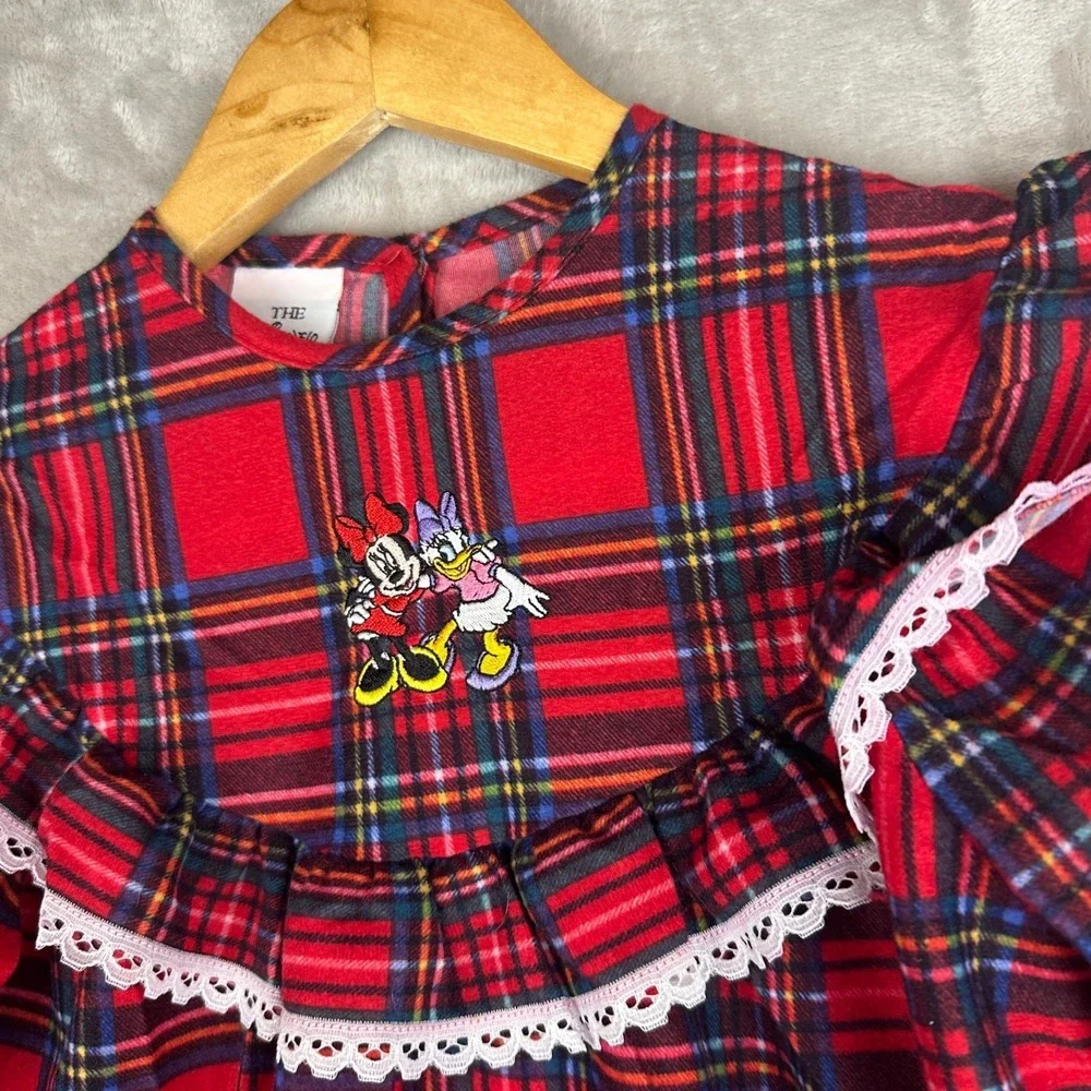 Disney‎ Store Girls Size 6 Red Plaid Minnie Mouse Daisy Duck Nightgown Lace Trim